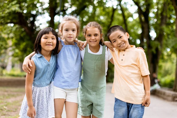 Group Cute Asian Caucasian Kids Having Fun Park — 图库照片