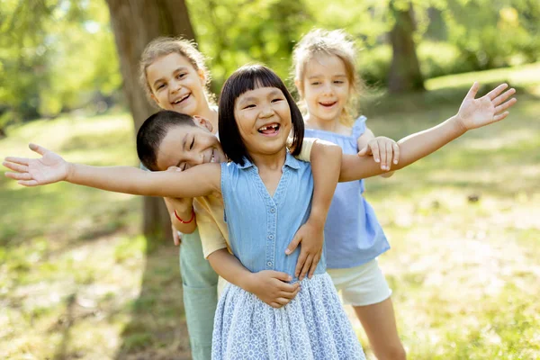 Group Cute Asian Caucasian Kids Having Fun Park — Fotografia de Stock