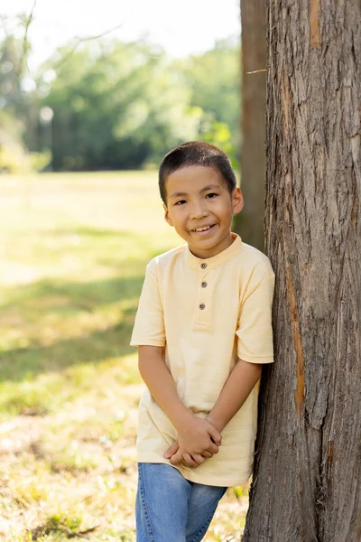 Cute Little Korean Boy Standing Park Sunny Day — 图库照片