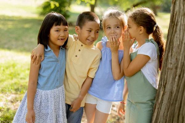 Group Cute Asian Caucasian Kids Having Fun Park — Foto Stock