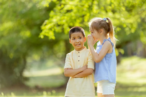 Ragazza Caucasica Dicendo Segreto Ragazzo Asiatico Nel Parco Una Giornata — Foto Stock