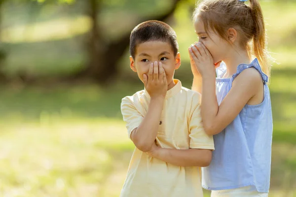 Ragazza Caucasica Dicendo Segreto Ragazzo Asiatico Nel Parco Una Giornata — Foto Stock