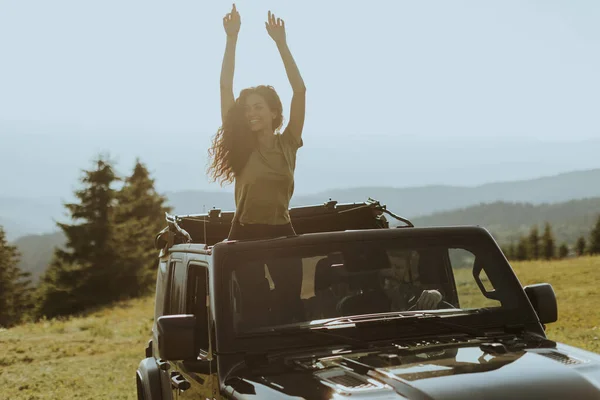 Pretty Young Woman Enjoying Freedom Terrain Vehicle Sunny Day — Stockfoto