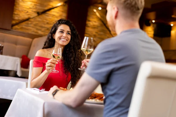 Handsome Young Couple Having Lunch White Wine Restaurant — Stok fotoğraf