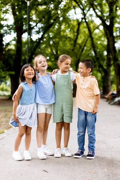 Group Cute Asian Caucasian Kids Having Fun Park — Stock Fotó