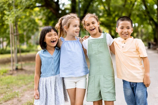 Group Cute Asian Caucasian Kids Having Fun Park — Foto de Stock