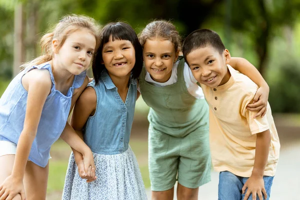 Group Cute Asian Caucasian Kids Having Fun Park — Stock Photo, Image