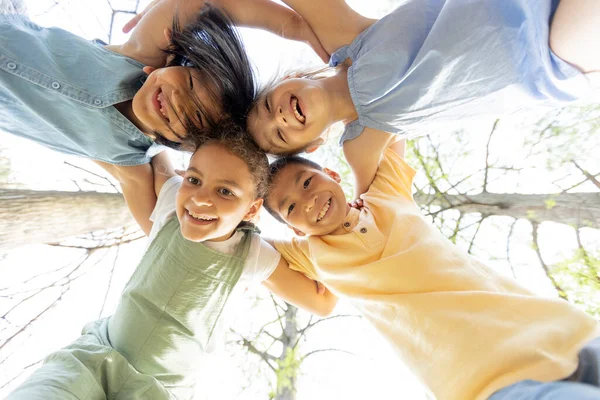 Group Cute Asian Caucasian Happy Kids Huddling Looking Camera Smiling —  Fotos de Stock