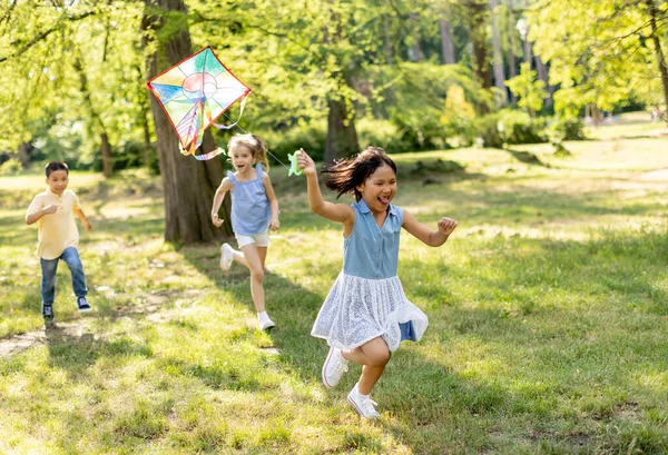Cute Little Girl Running Happily Kite Park — 스톡 사진
