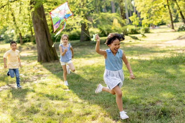 Cute Little Girl Running Happily Kite Park — 스톡 사진