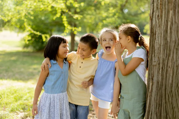 Group Cute Asian Caucasian Kids Having Fun Park — Stockfoto