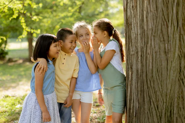 Gruppo Simpatici Ragazzi Asiatici Caucasici Che Divertono Nel Parco — Foto Stock