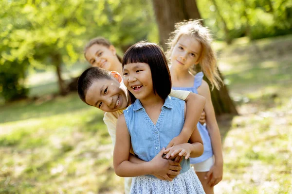 Group Cute Asian Caucasian Kids Having Fun Park — Foto Stock