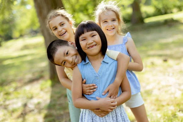 Group Cute Asian Caucasian Kids Having Fun Park — Stockfoto