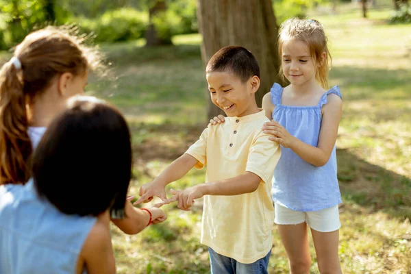 Gruppe Von Süßen Asiatischen Und Kaukasischen Kindern Die Spaß Park — Stockfoto