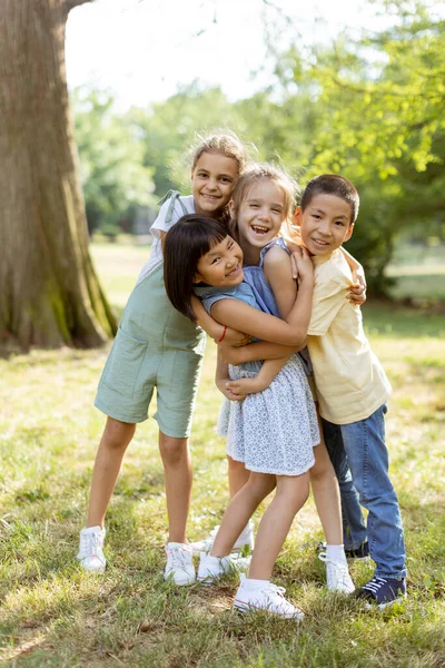 Group Cute Asian Caucasian Kids Having Fun Park — Fotografia de Stock