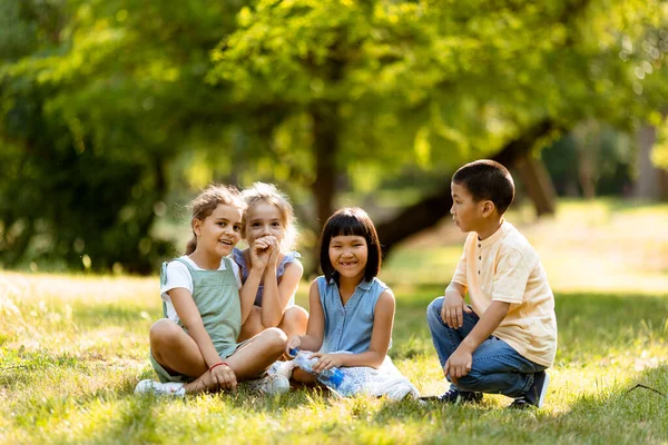 Group Cute Asian Caucasian Kids Having Fun Park — Stok fotoğraf