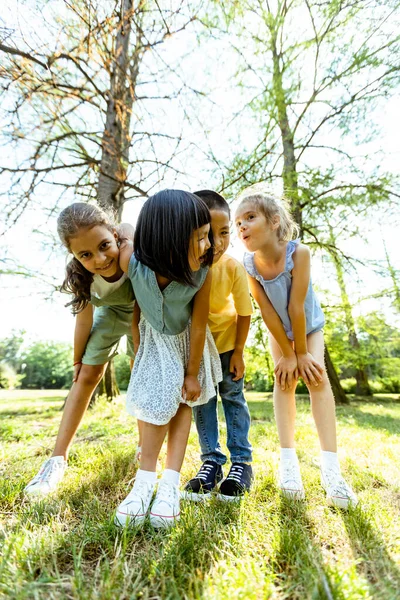 Group Cute Asian Caucasian Kids Having Fun Park —  Fotos de Stock