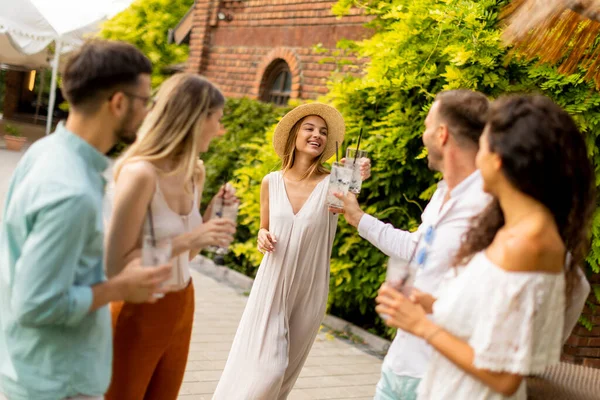 Group Happy Young People Cheering Having Fun Outdoors Drinks — Zdjęcie stockowe