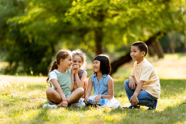 Groep Van Schattige Aziatische Kaukasische Kinderen Hebben Plezier Het Park Stockfoto