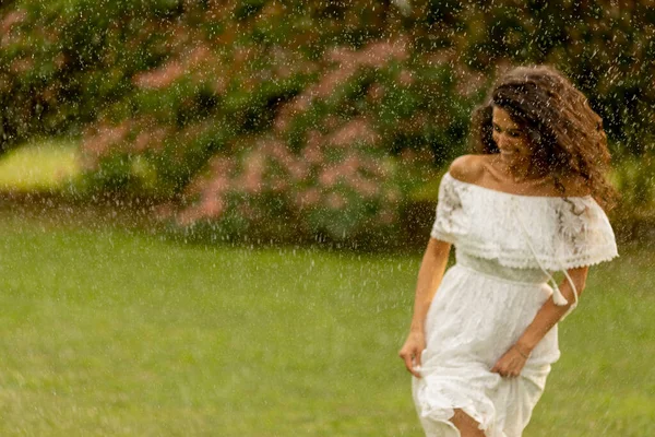 Joyful Young Woman Caught Sudden Summer Rain Park — Foto de Stock