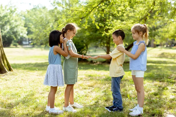 Group Cute Asian Caucasian Kids Having Fun Park — Fotografia de Stock