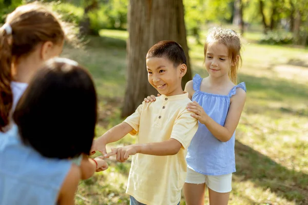 Group Cute Asian Caucasian Kids Having Fun Park — 图库照片