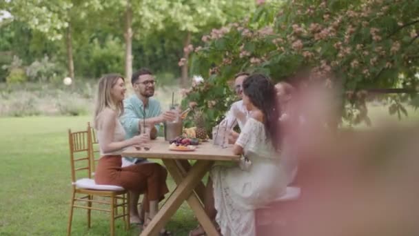 Group Happy Young People Cheering Fresh Lemonade Eating Fruits Garden — Stock Video