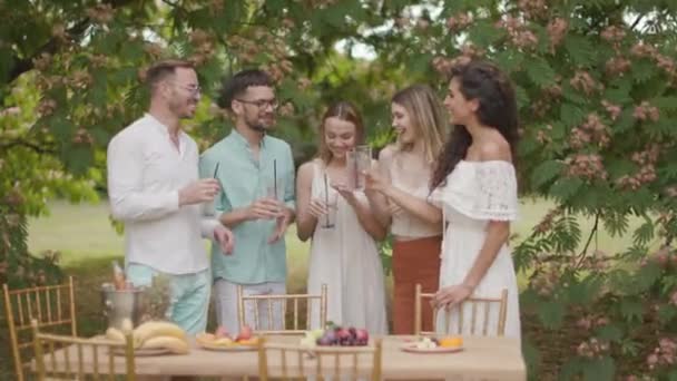 Grupo Jovens Felizes Torcendo Com Limonada Fresca Comendo Frutas Jardim — Vídeo de Stock