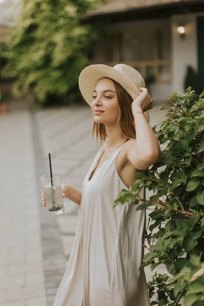 Pretty Young Woman Hat Drinking Cold Lemonade Resort Garden — Stockfoto