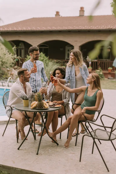 Group Happy Young People Cheering Cider Pool Garden — Stockfoto