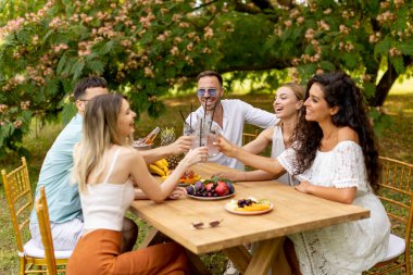 Group of young people cheering with fresh lemonade and eating fruits in the garden