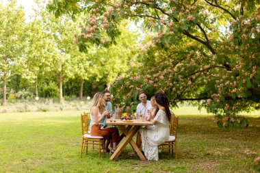 Group of young people cheering with fresh lemonade and eating fruits in the garden