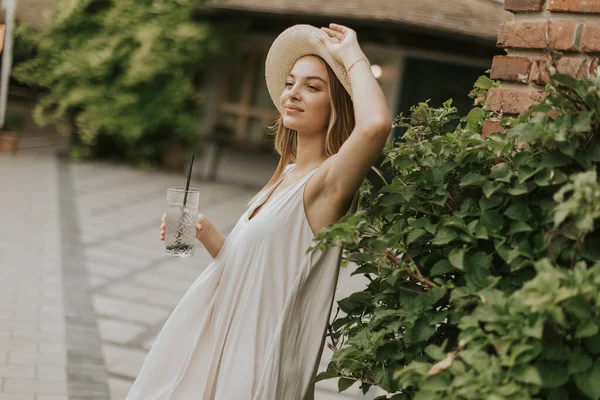 Pretty Young Woman Hat Drinking Cold Lemonade Resort Garden — Stockfoto
