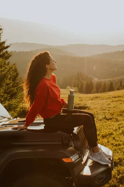 Pretty Young Woman Relaxing Terrain Vehicle Hood Countryside — Stockfoto