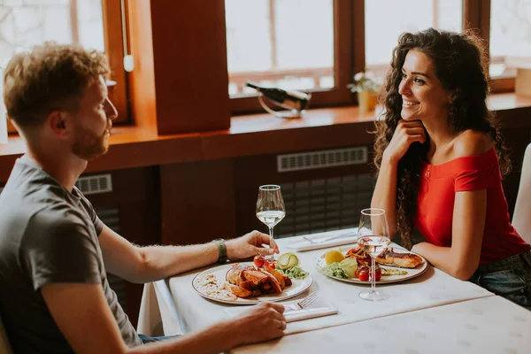 Handsome Young Couple Having Lunch White Wine Restaurant — Foto de Stock