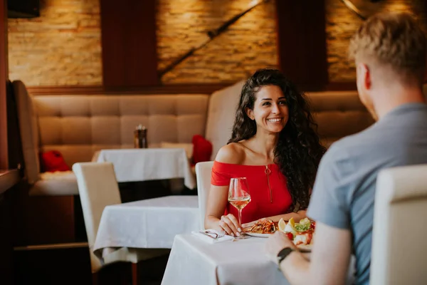 Handsome Young Couple Having Lunch White Wine Restaurant — Foto Stock