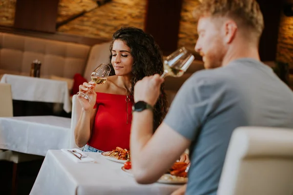 Handsome Young Couple Having Lunch White Wine Restaurant —  Fotos de Stock