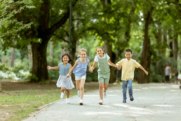 Grupo Lindo Asiático Caucásico Niños Divirtiéndose Parque —  Fotos de Stock