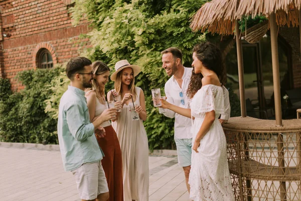 Group Happy Young People Cheering Having Fun Outdoors Drinks — 图库照片