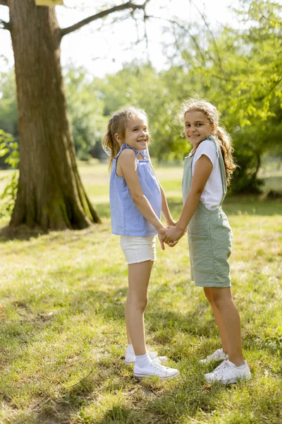 Two Cute Little Girls Holding Hands Park — 스톡 사진