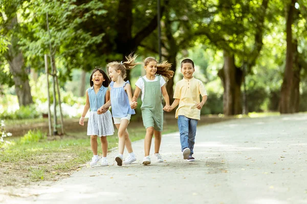 Group Cute Asian Caucasian Kids Having Fun Park — Fotografia de Stock