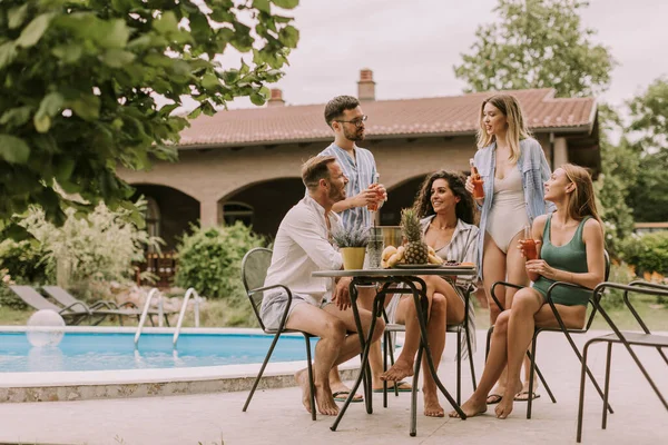 Group Happy Young People Cheering Cider Pool Garden — Foto de Stock