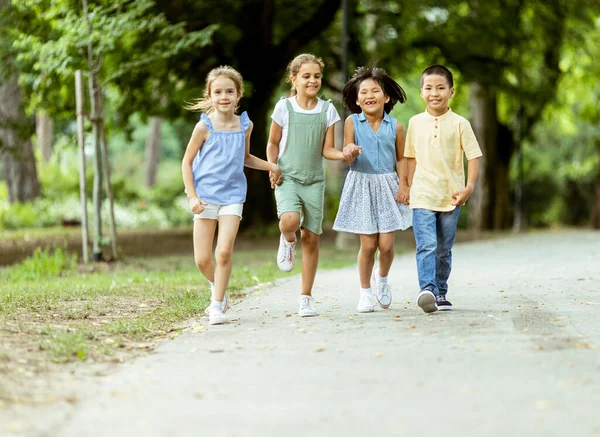 Group Cute Asian Caucasian Kids Having Fun Park — 图库照片