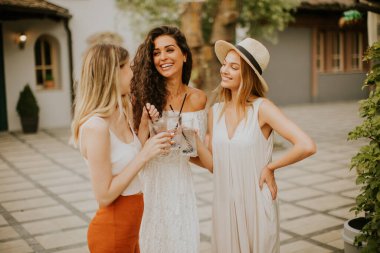 Bir grup mutlu genç dışarıda taze limonatayla tezahürat yapıyor ve eğleniyor.