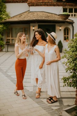 Bir grup mutlu genç dışarıda taze limonatayla tezahürat yapıyor ve eğleniyor.