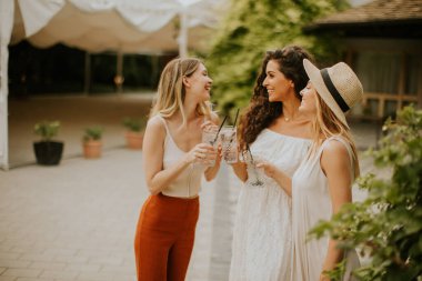 Bir grup mutlu genç dışarıda taze limonatayla tezahürat yapıyor ve eğleniyor.