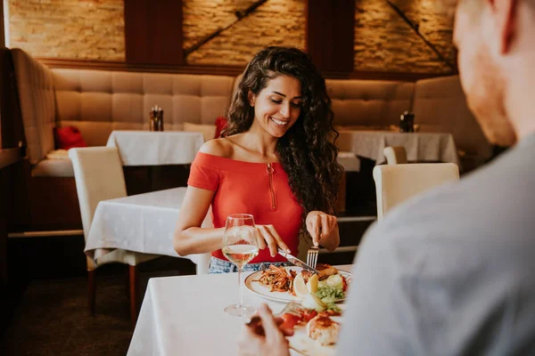 Handsome Young Couple Having Lunch White Wine Restaurant —  Fotos de Stock