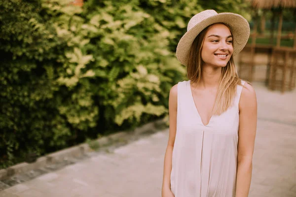 Pretty Young Woman Hat Walking Resort Garden —  Fotos de Stock