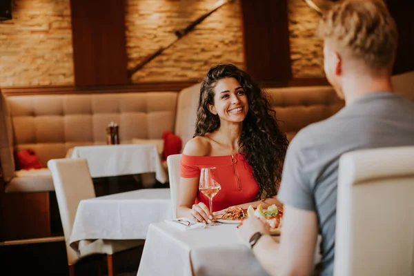 Handsome Young Couple Having Lunch White Wine Restaurant — Foto Stock